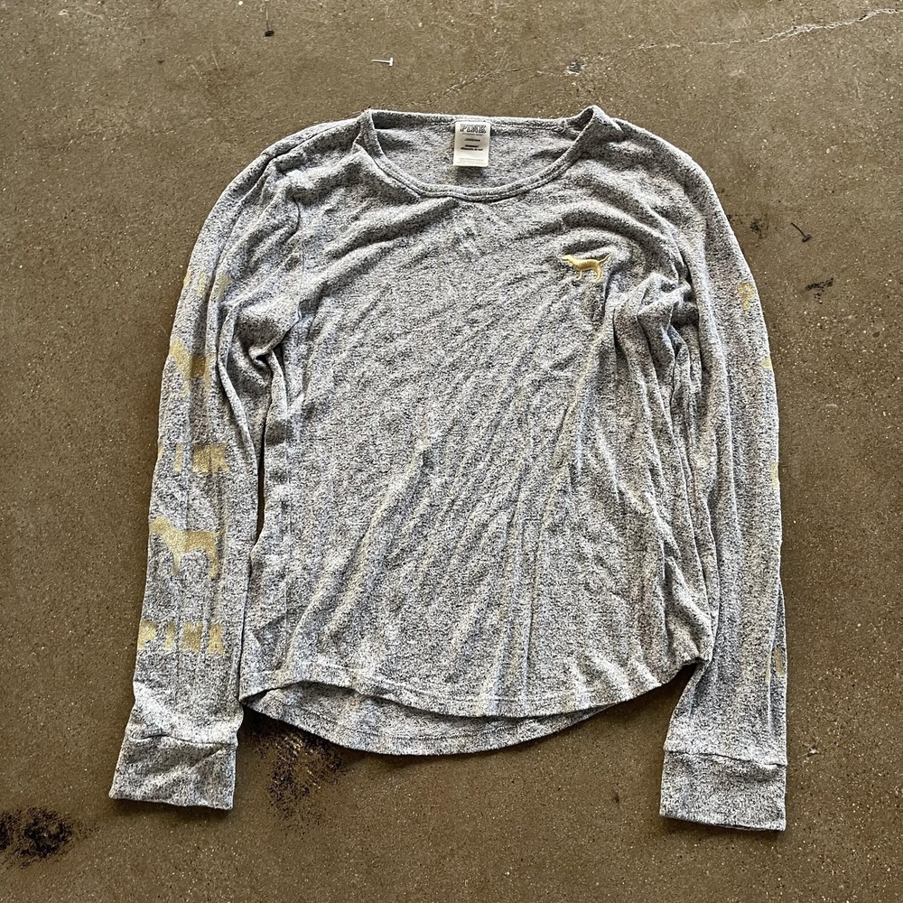 PINK Victoria's Secret Shirt Womens Large Gray Long Sleeve Sleepwear Dog Logo